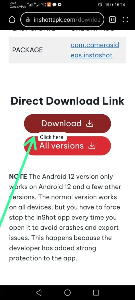 showing the location of the download button on the webpage for the InShot APK, guiding users to easily access the app for editing