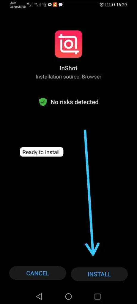 'Click Install,' highlighting the installation process for the InShot APK on a device, guiding users through the final steps to successfully set up the app